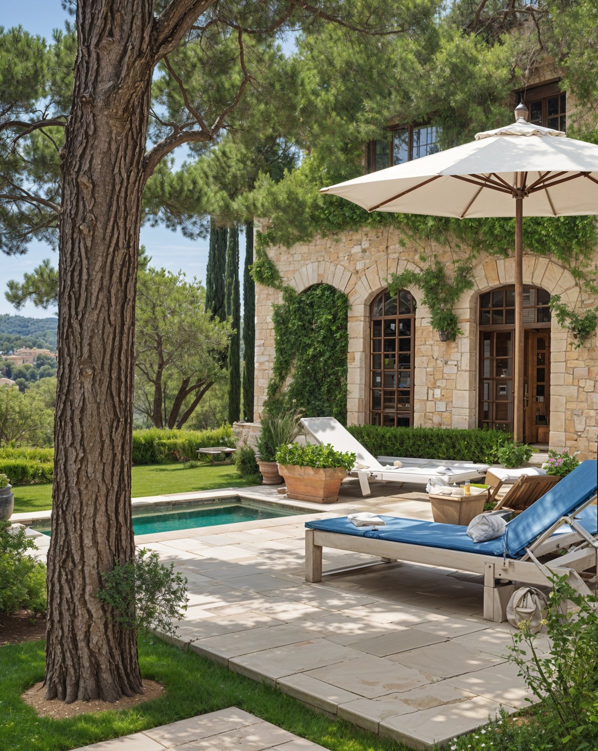 Mediterranean house exterior with pool, patio, lounge chair, umbrella, and potted plants.