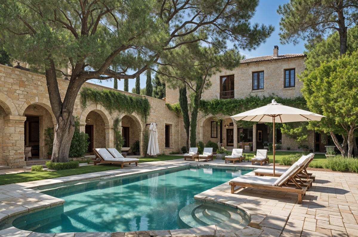 Mediterranean-style house with a large pool and patio area, featuring chairs and an umbrella.