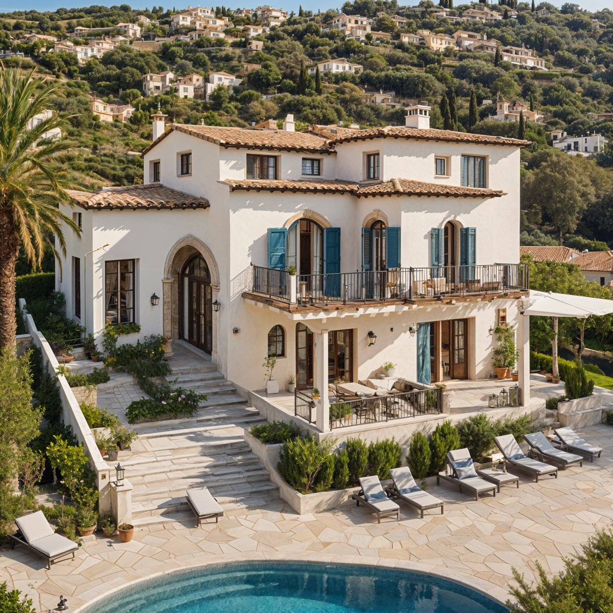 A Mediterranean style house with a pool and patio area. The house has a white exterior with a red tile roof and blue shutters.