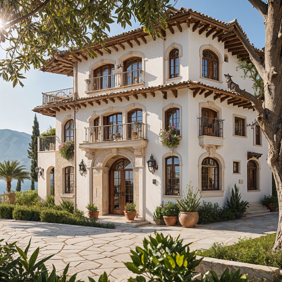 A Mediterranean style house with a large garden and a stunning view of the water. The house is adorned with many potted plants and vases, creating a lush and inviting atmosphere.