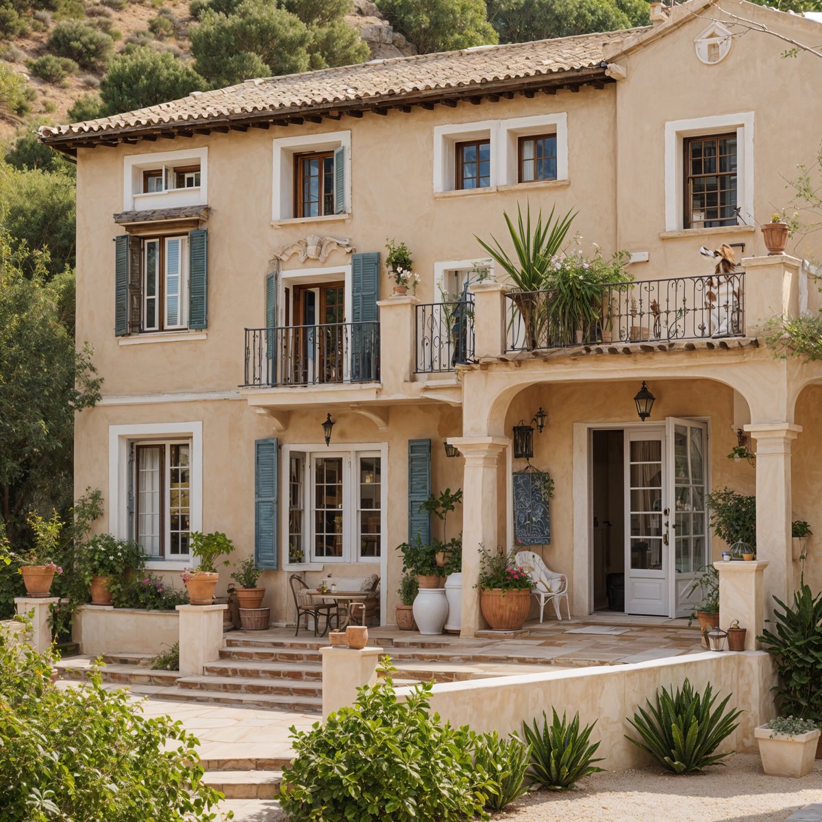 Mediterranean house with garden full of plants and flowers