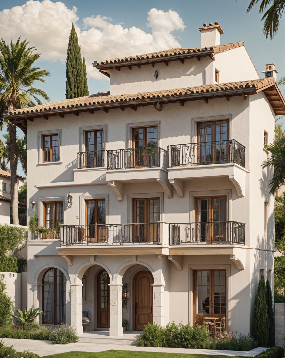 A large white Mediterranean house with a beautiful garden. The house has a balcony on the second floor and a terrace on the first floor. The garden is filled with greenery and palm trees, creating a serene and inviting atmosphere.