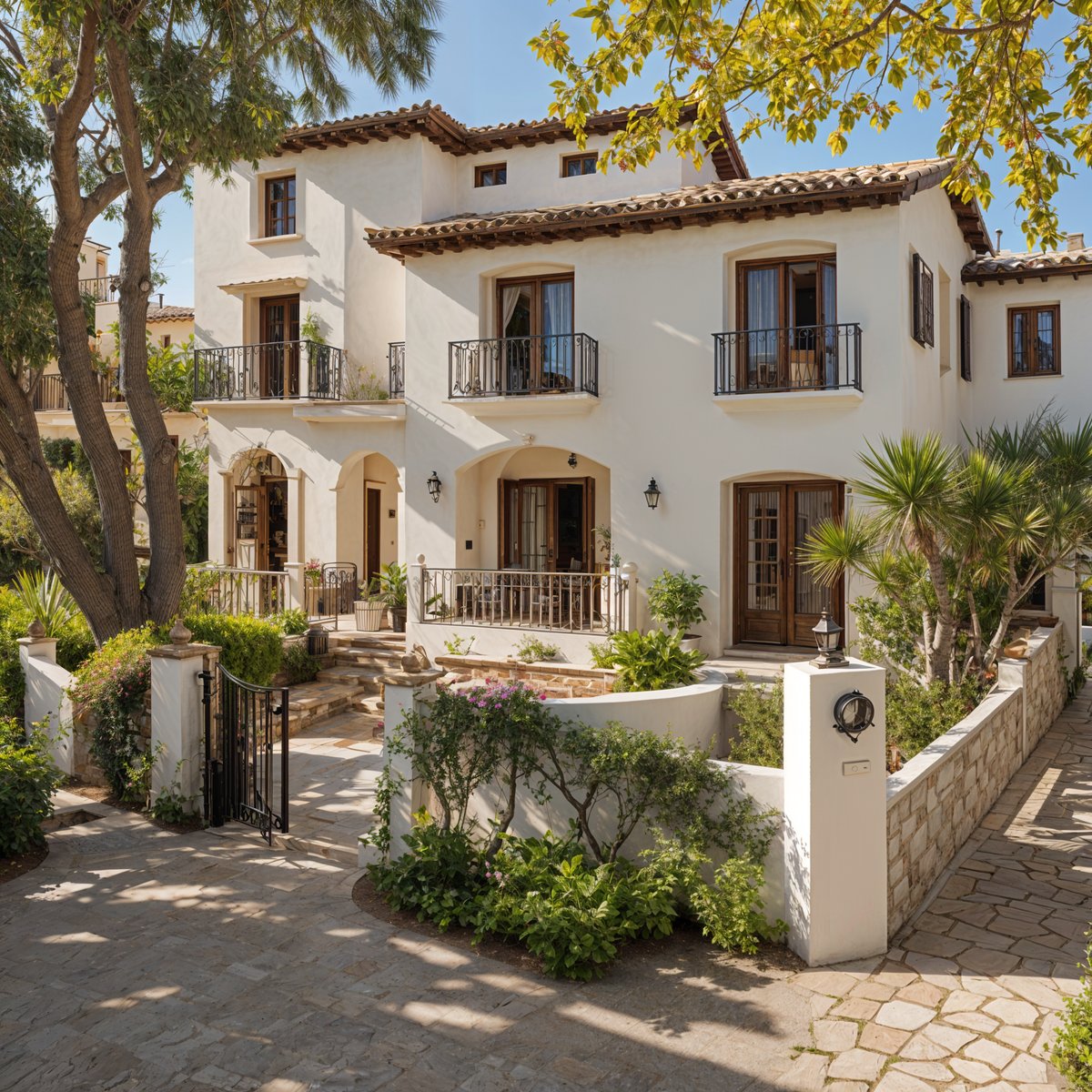 Mediterranean-style house with a garden and a white fence. The house has a white stucco exterior and features a balcony with a wrought iron railing. The garden is well-maintained with a variety of plants and flowers.