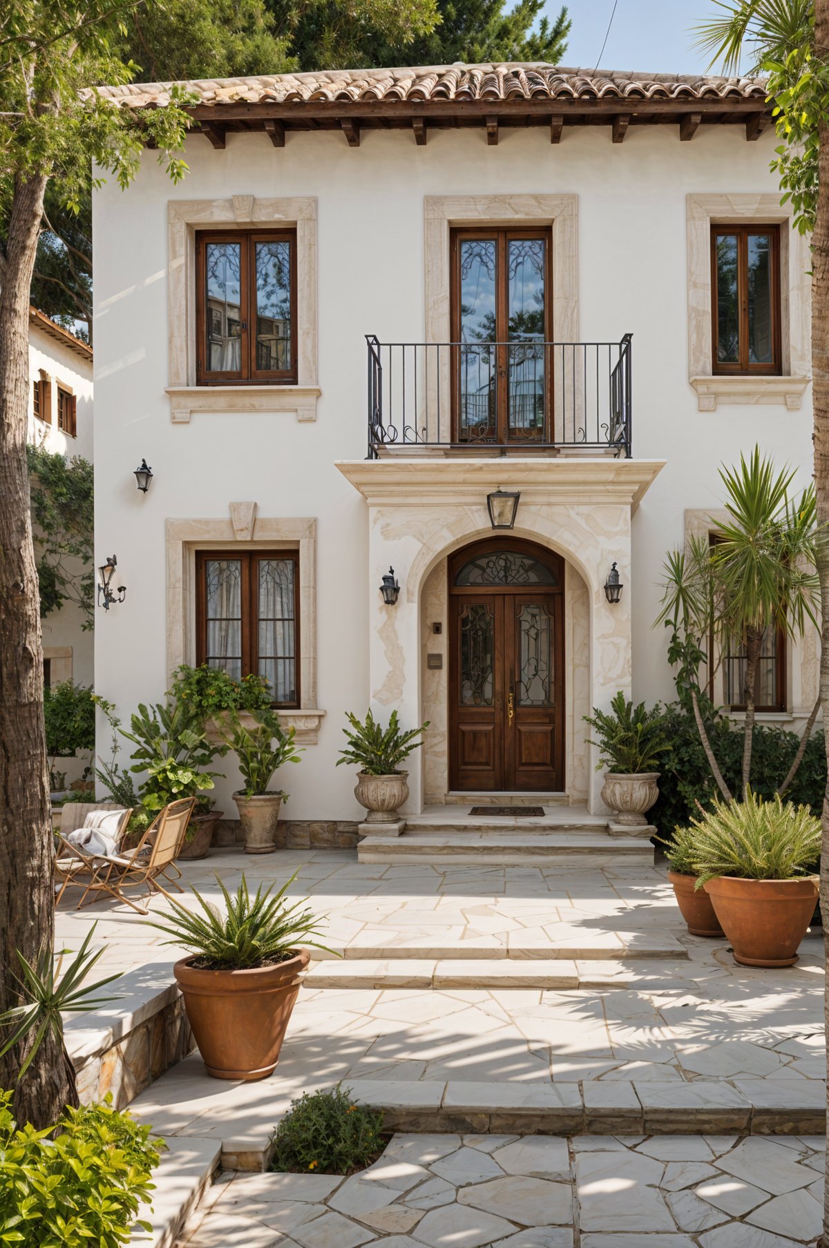 A Mediterranean-style house with a beautiful garden and a balcony. The house has a large doorway and a staircase leading to the balcony. The garden is full of potted plants, including cacti and palm trees, creating a lush and inviting atmosphere.