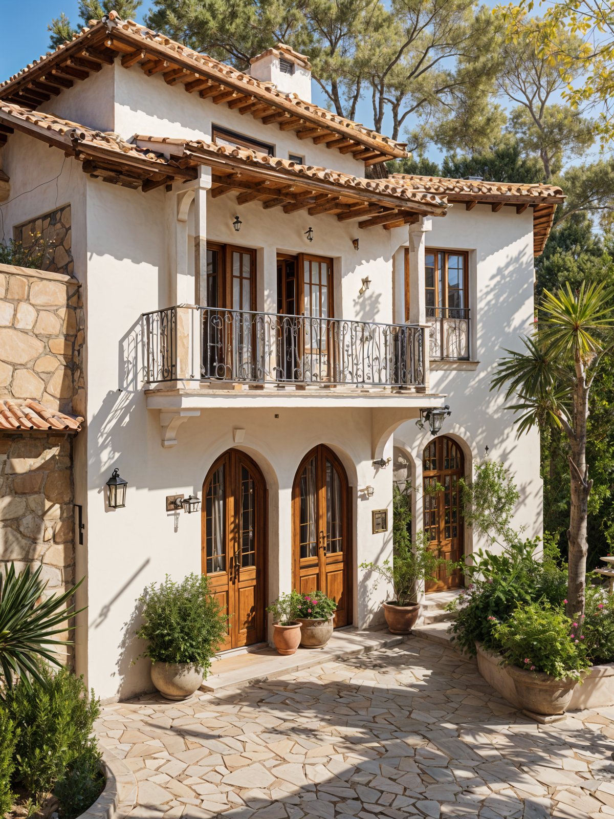 Mediterranean-style house with a white exterior, brown wooden door, wrought iron railing, and garden area with potted plants.