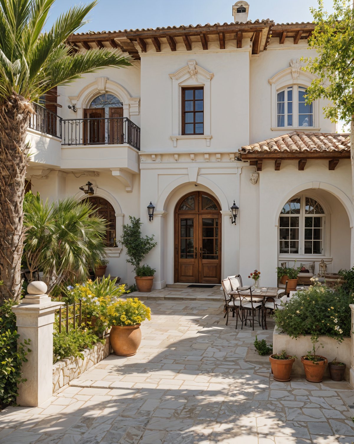 Mediterranean-style house with a beautiful garden and patio. The house has a white exterior with a brown roof and features a large doorway with a wooden door. The patio is adorned with several potted plants and chairs, creating a welcoming and relaxing atmosphere.