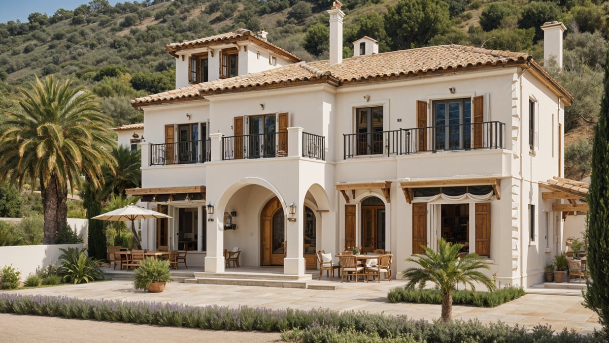 A large white Mediterranean house with a garden and a patio. The house has a balcony on the second floor and a chimney. The garden is filled with potted plants and chairs, creating a relaxing atmosphere.