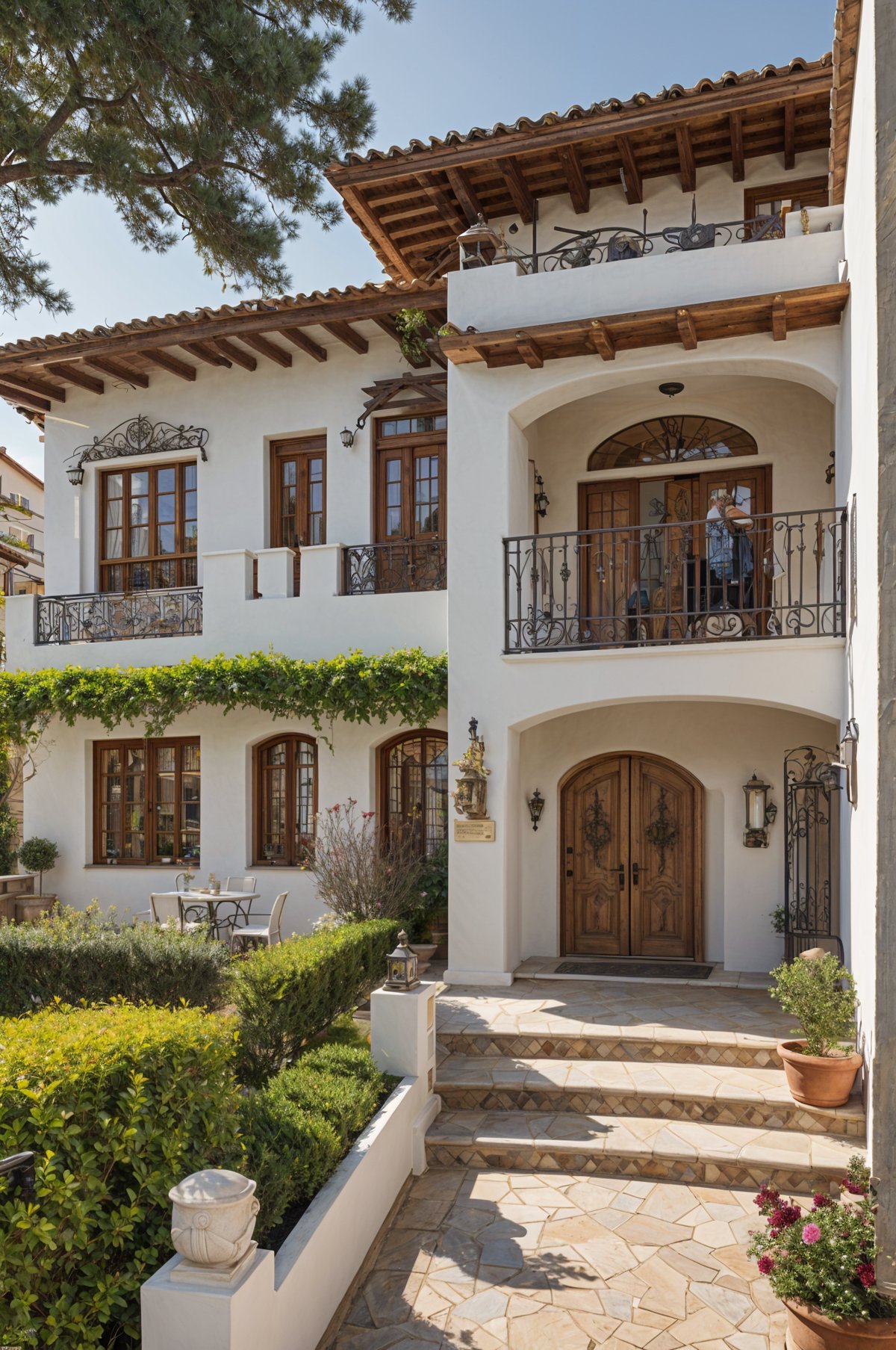 Mediterranean-style house with garden and patio. The house has a white facade with brown trim and a red roof. The garden is well-maintained with green bushes and a dining table set up for outdoor dining. The patio is adorned with a vine-covered pergola and a staircase leading up to the second floor. The house also features a balcony with a wrought iron railing and a doorway leading to the garden.