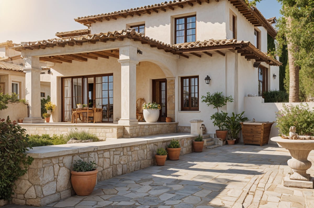 Mediterranean house with a beautiful garden. The garden is adorned with many potted plants, including a large white vase.