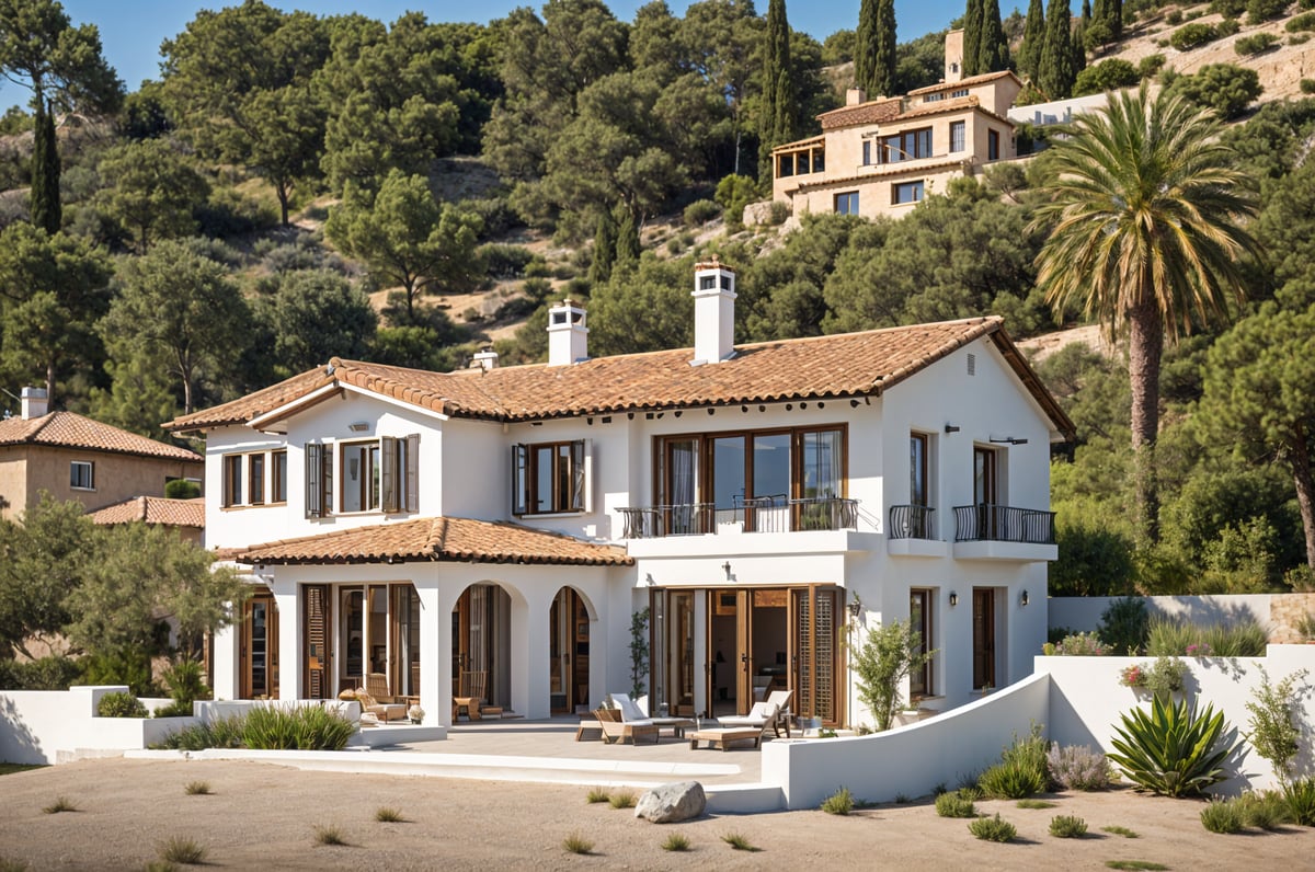 A large white Mediterranean style house with a red tile roof, surrounded by a garden and palm trees. The house has a spacious patio with a variety of furniture, including chairs and a couch.