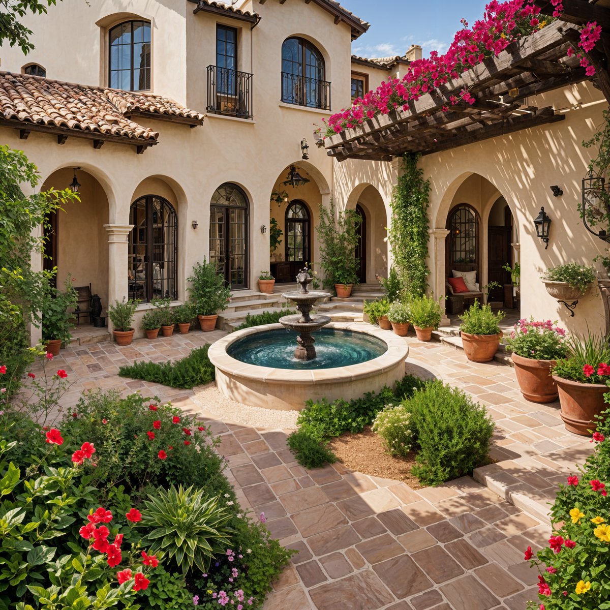 Mediterranean house with a garden featuring a fountain, potted plants, and flowers