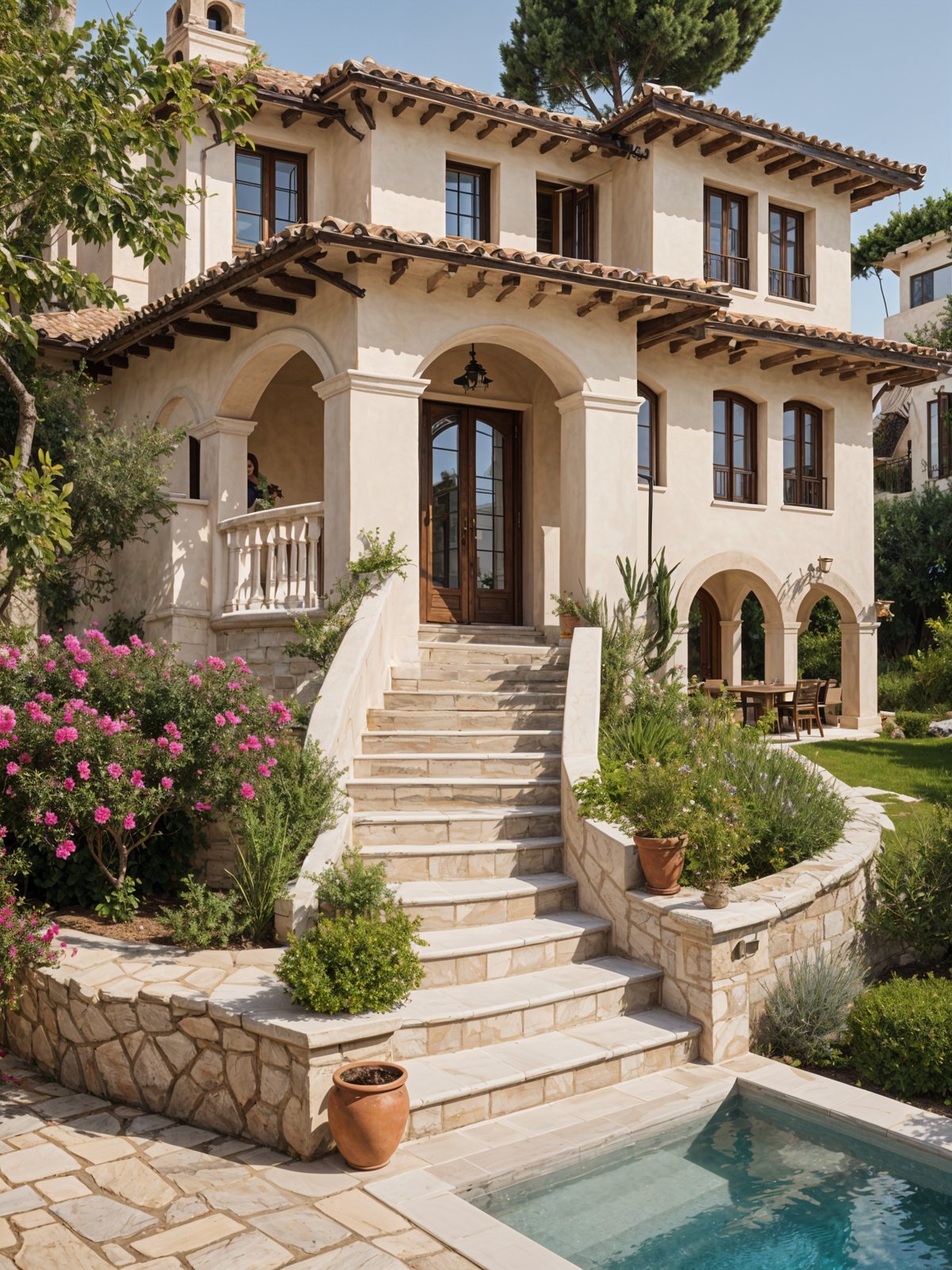 Mediterranean house with a garden and stone staircase