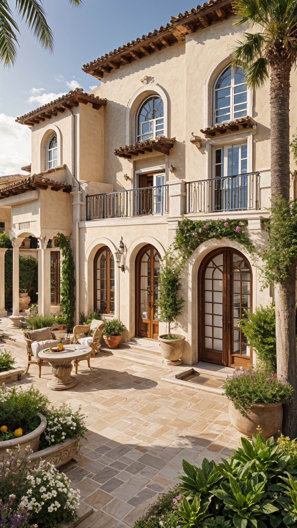 Mediterranean-style house with a large garden and patio, featuring chairs, dining table, ivy, potted plants, and a fountain.