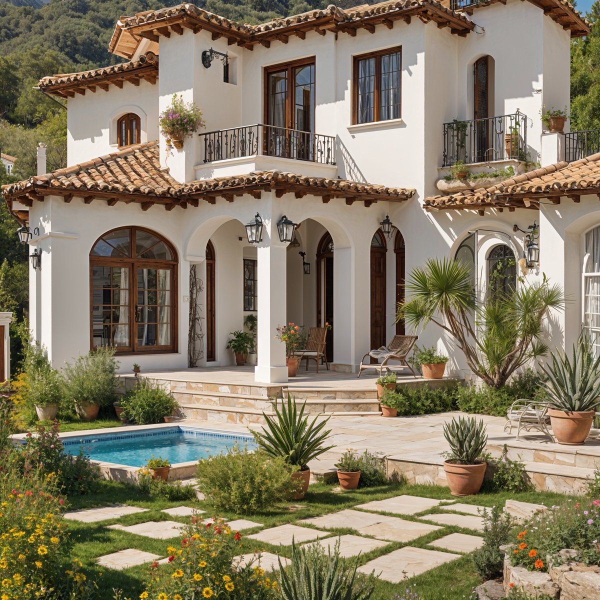 Mediterranean-style house with a lush garden and a swimming pool