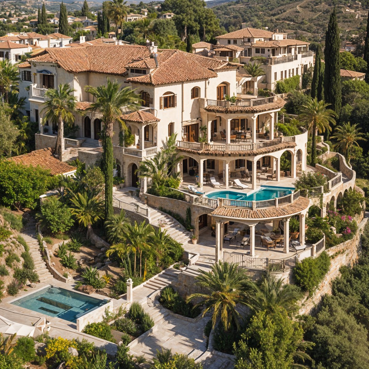 Mediterranean-style house with a large swimming pool and lush garden. The house is surrounded by palm trees and has a stunning view of the ocean.