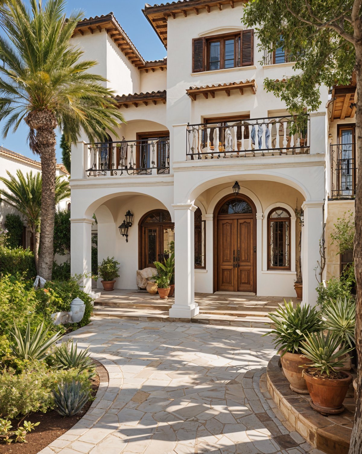 A Mediterranean style house with a garden and a patio. The house has a white exterior with a red roof and is surrounded by palm trees. The front door is made of wood and is located under a balcony.