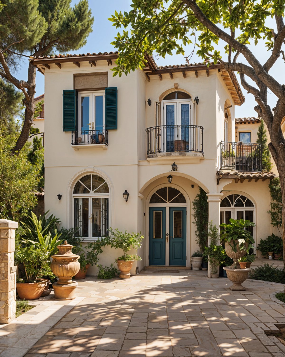 A Mediterranean style house with a beautiful garden and a large patio. The house has a white facade with green shutters and a blue door. The garden is filled with potted plants and vases, creating a serene and inviting atmosphere. The patio is adorned with more potted plants and vases, providing a perfect outdoor space for relaxation and entertaining guests.