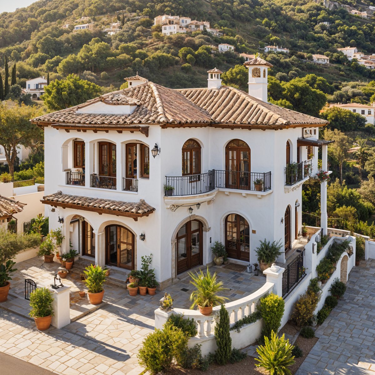 Mediterranean house with garden full of potted plants and flowers