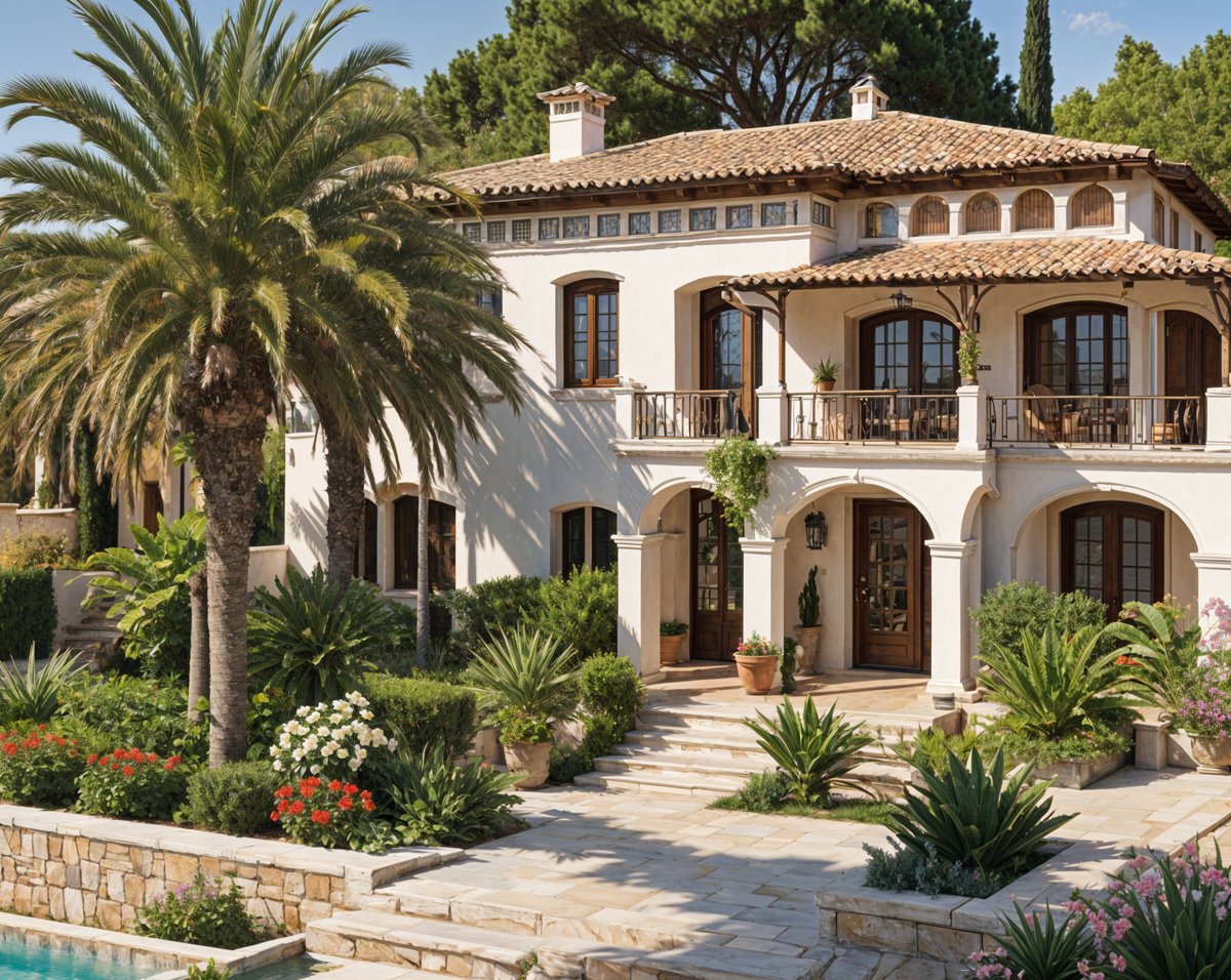 Mediterranean style house with a garden and a large patio. The house is surrounded by palm trees and has a white exterior with a red roof.