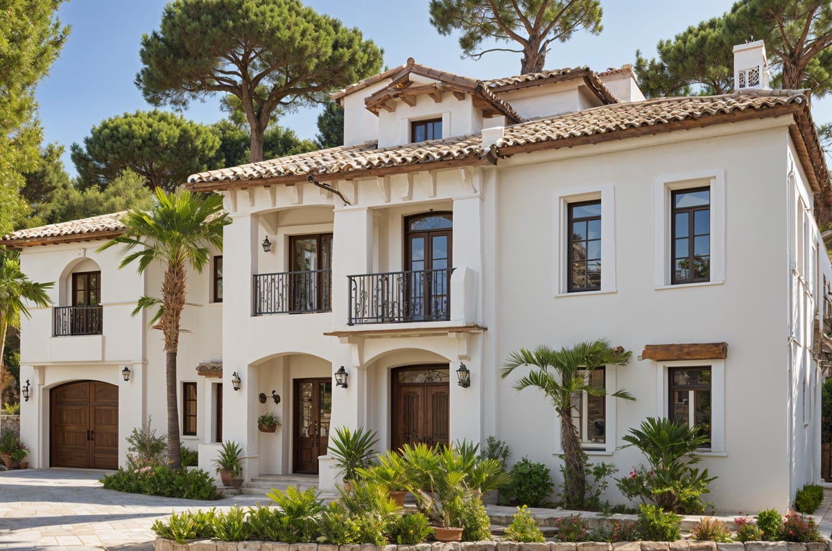 A large white Mediterranean house with a garden and a balcony. The house has a red roof and is surrounded by greenery. The garden is well-maintained and features palm trees and bushes. The balcony is adorned with a railing and a bench, providing a comfortable outdoor seating area.