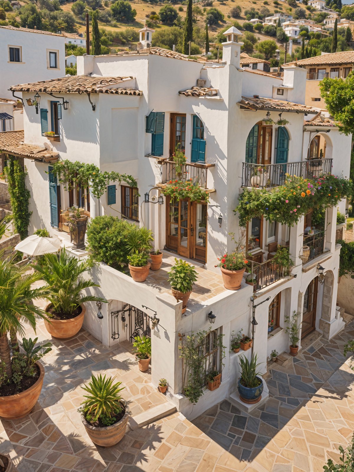 Mediterranean-style house with a garden full of potted plants and flowers