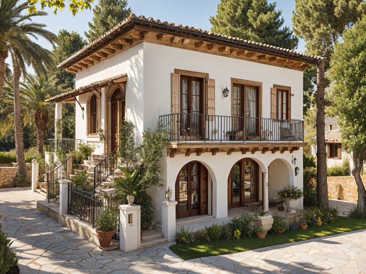 A Mediterranean style house with a garden and balcony. The house has a white exterior with brown trim and a red roof. The garden is filled with potted plants and flowers, and the balcony has chairs and a dining table.