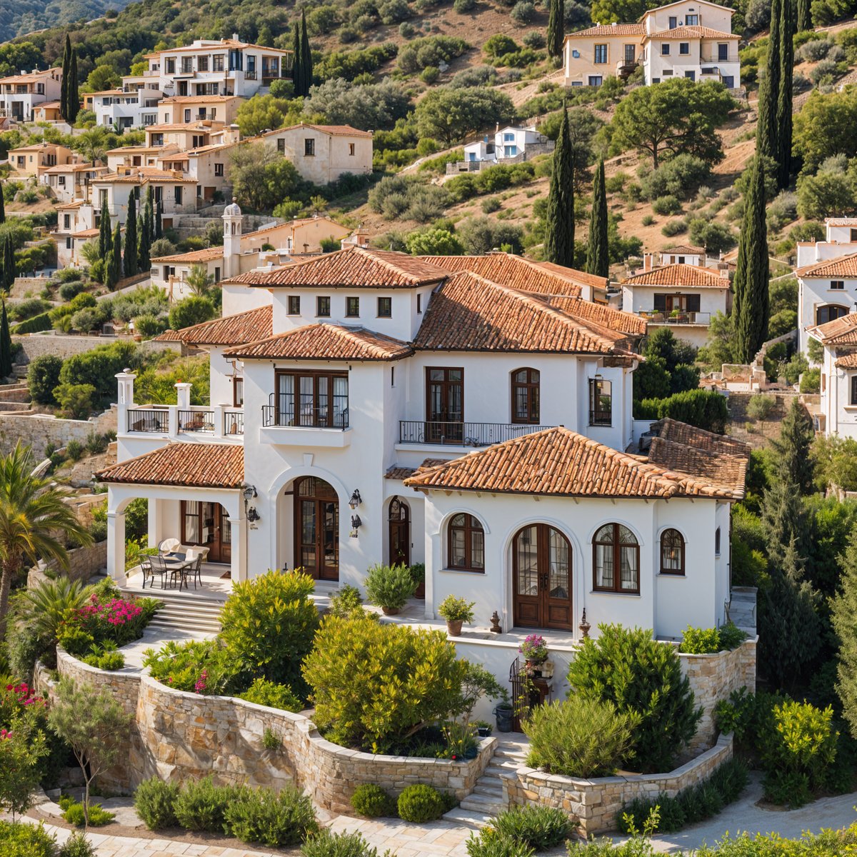 A large white Mediterranean house with a red roof, surrounded by a lush green garden. The house is situated on a hillside, overlooking a beautiful view.