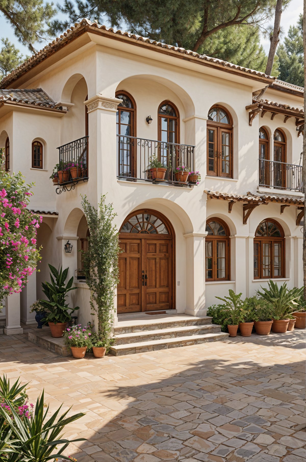 Mediterranean house with a garden and a patio. The house has a large doorway and a balcony with potted plants. The garden features a variety of potted plants and flowers.