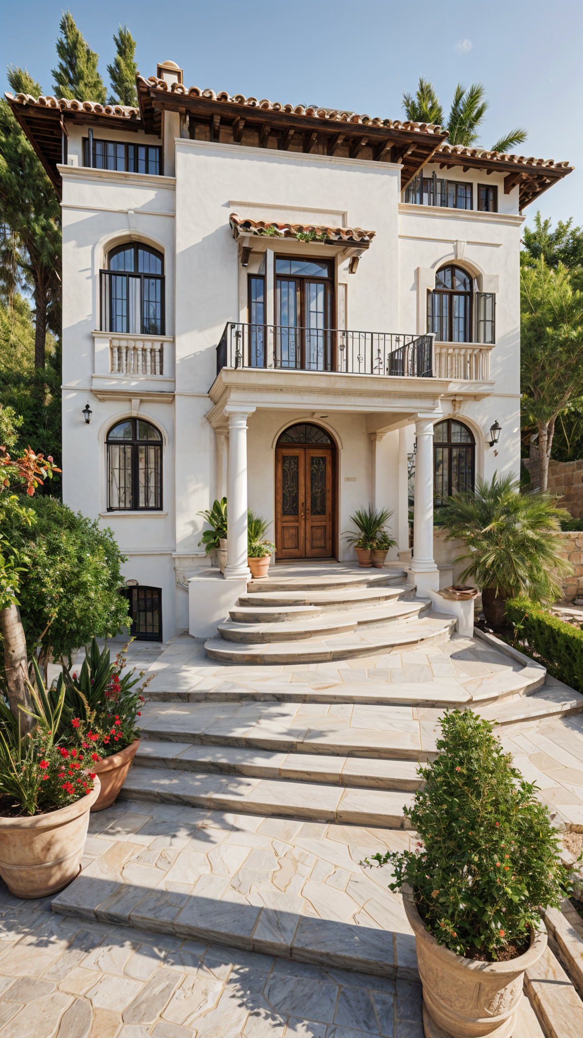 A Mediterranean style house with a garden and staircase leading up to the front door.