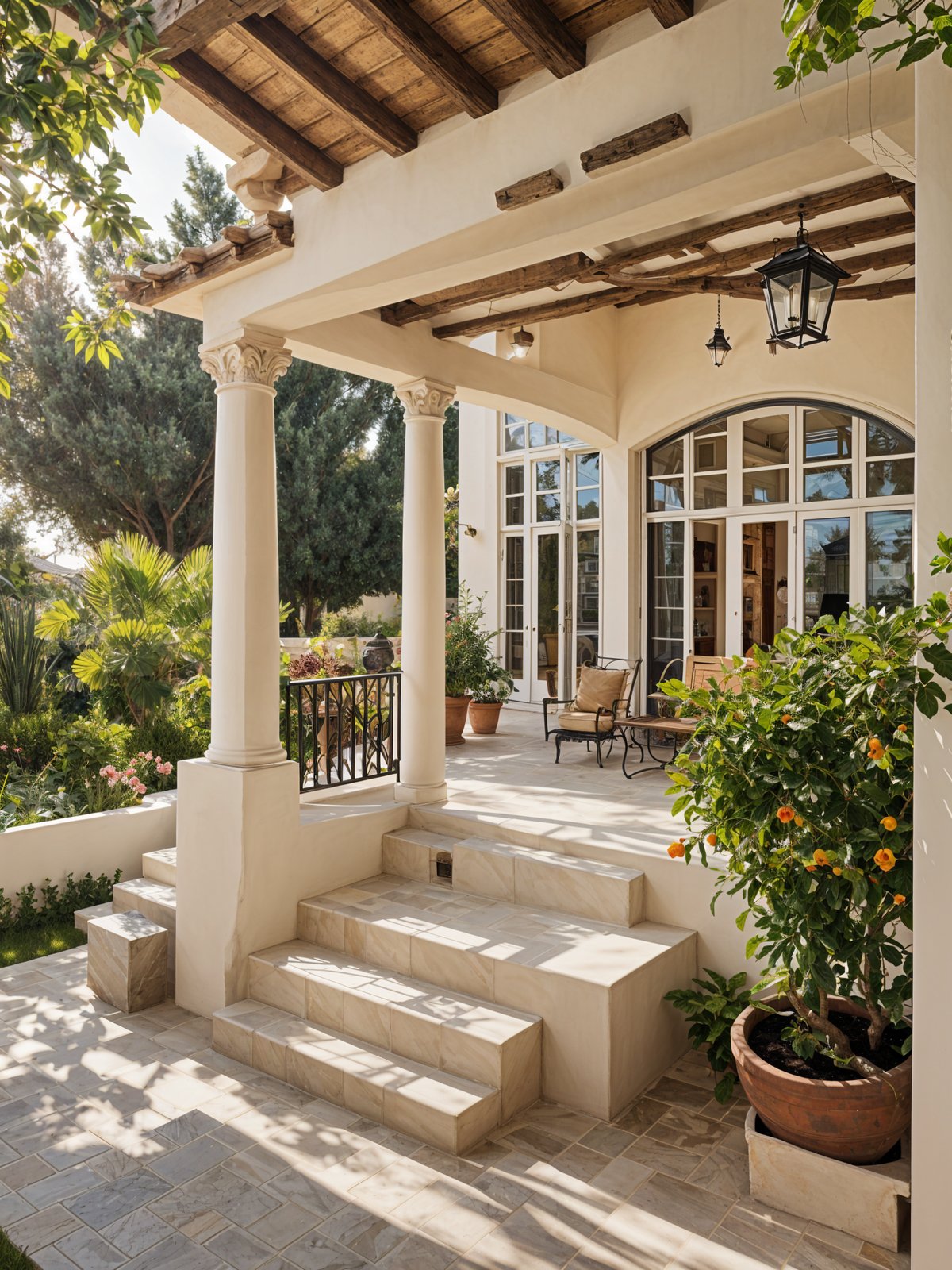 A Mediterranean house with a garden and patio. The patio has a set of steps leading up to the house. The garden is filled with greenery and flowers.