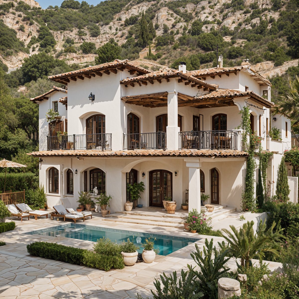 Mediterranean-style house with swimming pool and lush garden