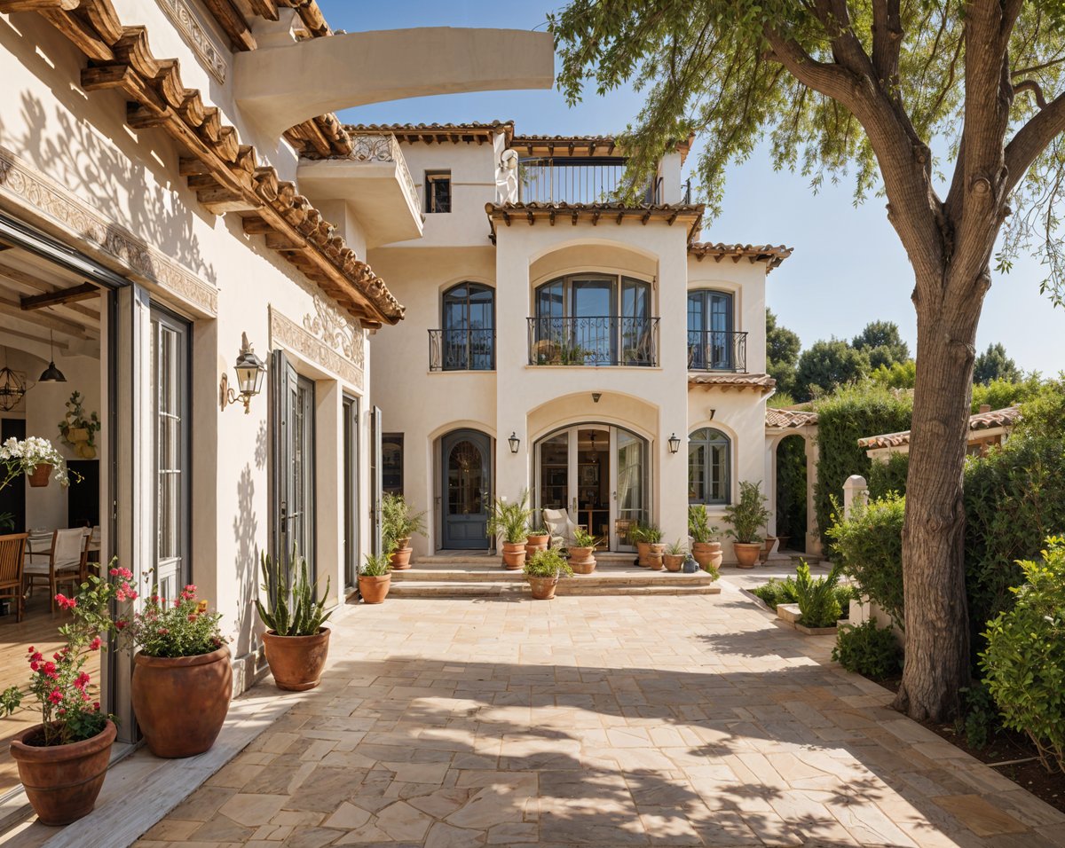 Mediterranean house with a lush garden and potted plants on the front porch