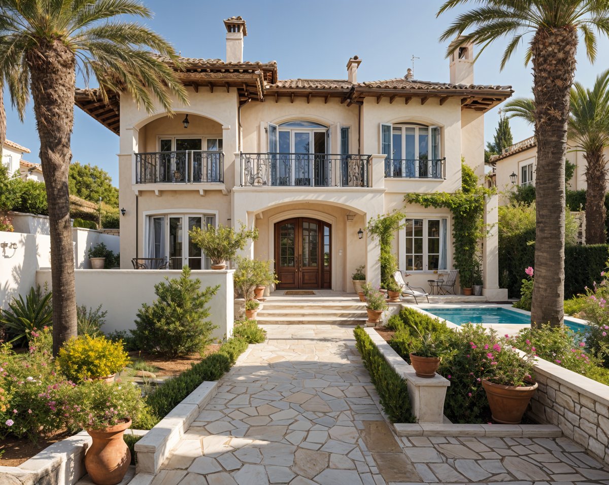 A Mediterranean style house with a lush garden and swimming pool. The front door is open, inviting visitors to enter the elegant home.