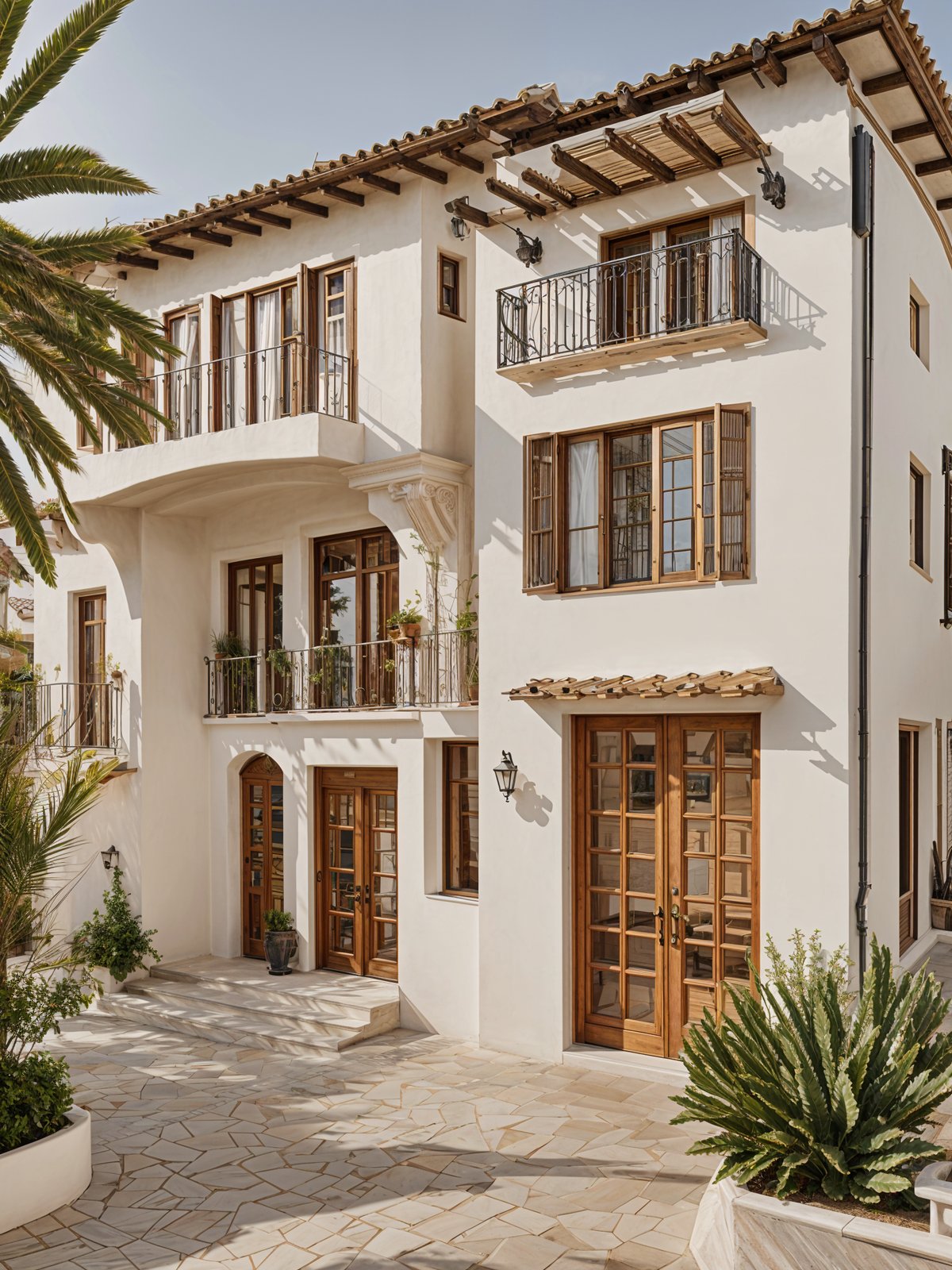 Mediterranean-style house with a garden and a balcony. The house has a white facade with brown wooden doors and windows. The balcony is adorned with potted plants, and the garden is filled with palm trees and other greenery.