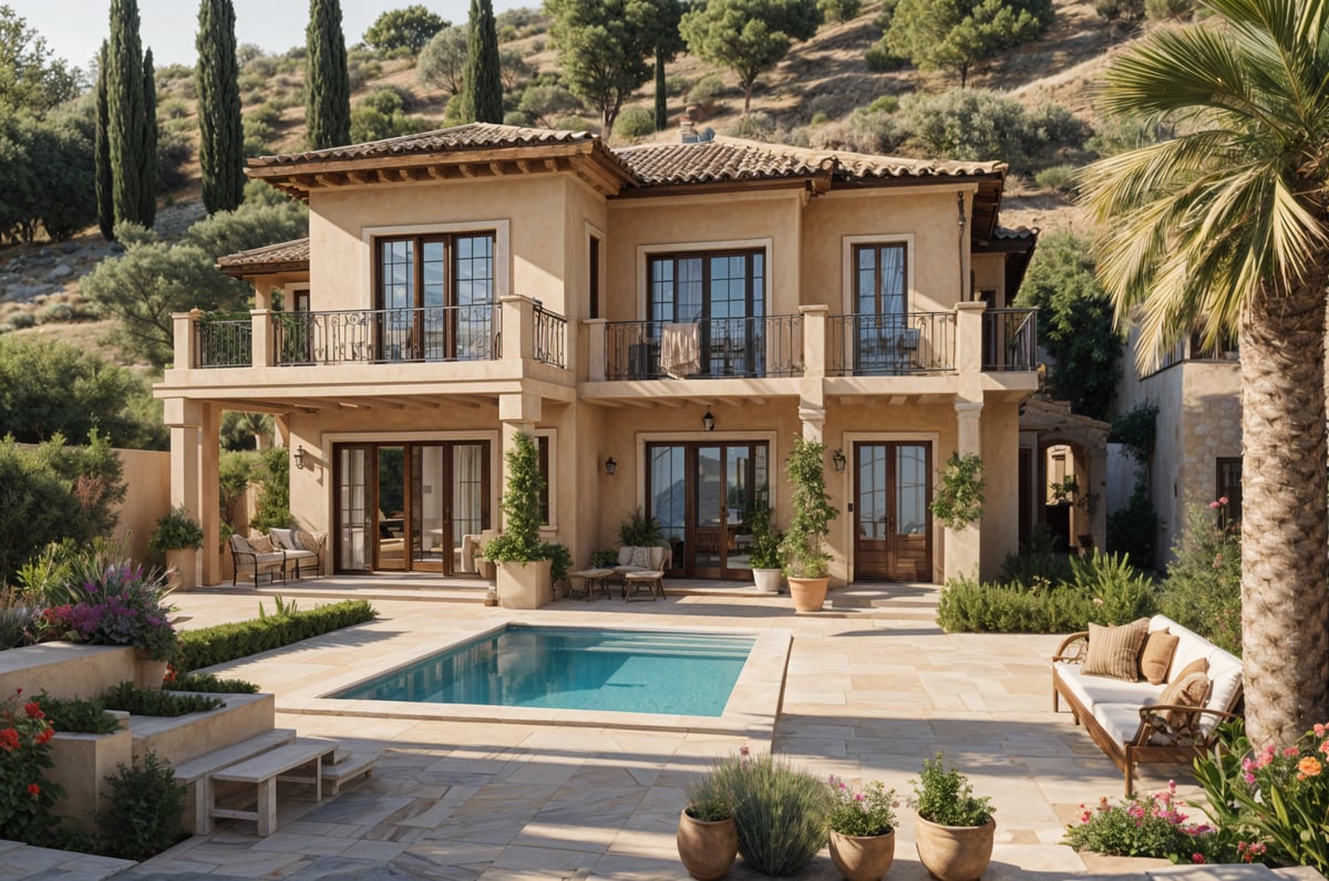 Mediterranean-style house with a swimming pool, surrounded by greenery and featuring a patio with chairs and a bench.