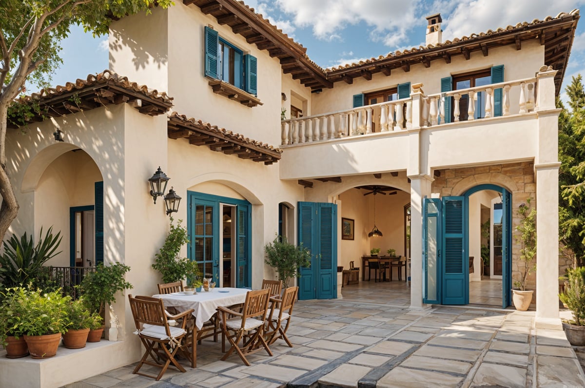 Mediterranean-style house with a patio set up for outdoor dining. The patio features a dining table with chairs, a potted plant, and a vase. The house has a balcony with a hanging light and a window.