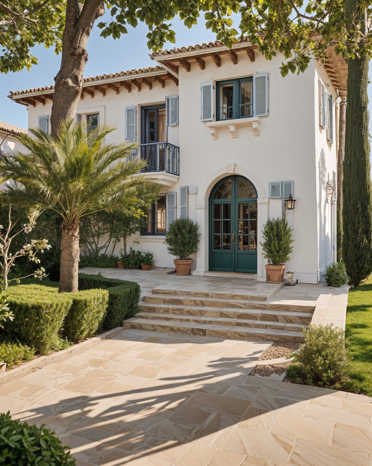 A large white Mediterranean house with a green door and a garden.