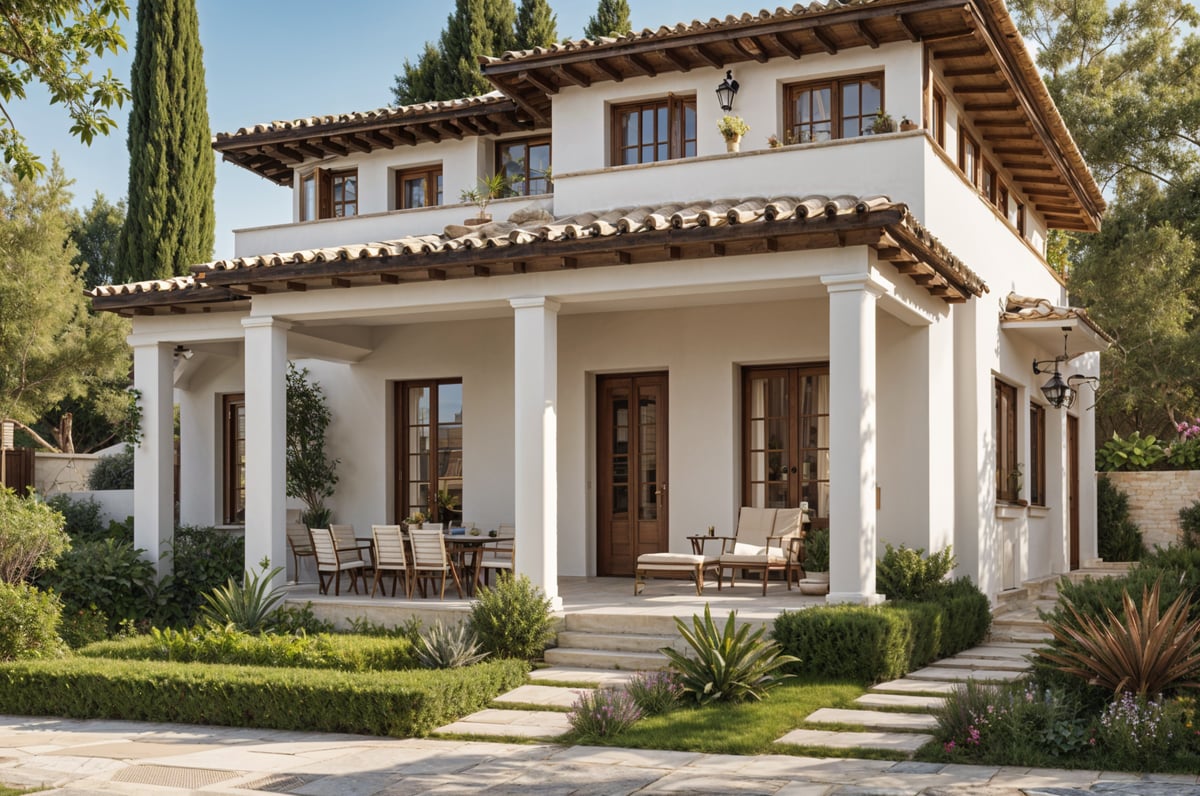 A large white house with a Mediterranean design style, featuring a patio with a couch, chairs, and a potted plant. The house has a brown roof and is surrounded by a garden with a variety of plants and flowers.