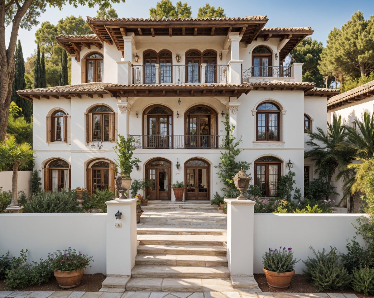 A Mediterranean style house with a beautiful garden and a white staircase leading to the entrance. The house is surrounded by potted plants and features a balcony on the second floor. The garden is well-maintained and adds to the overall charm of the property.