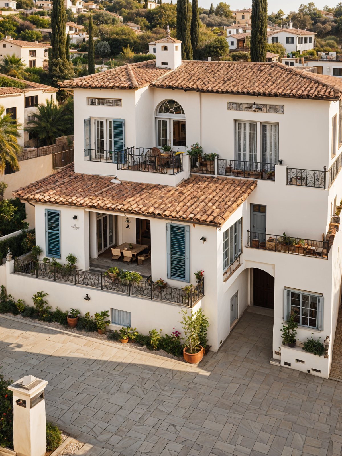 A large white Mediterranean house with a red roof and a garden in front of it. The house has a balcony on the second floor and a terrace on the first floor. The garden is filled with potted plants and flowers, creating a beautiful and inviting atmosphere. The house is situated on a hill, overlooking the surrounding area.