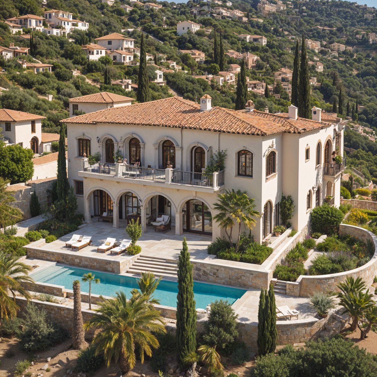 A large Mediterranean-style house with a beautiful garden and swimming pool. The house is surrounded by lush greenery and has a stunning view of the surrounding hills.