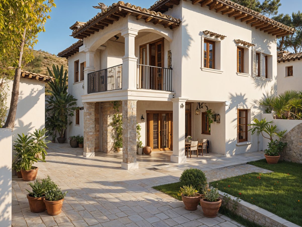 A white Mediterranean house with a garden and potted plants in front of it.