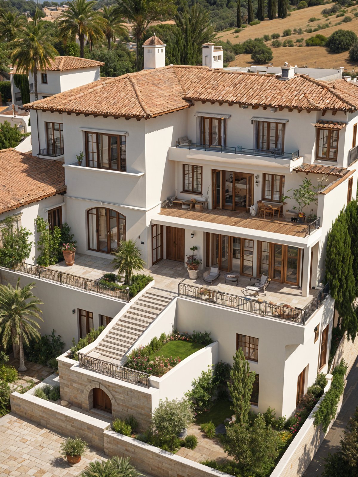 A Mediterranean style house with a beautiful garden and a staircase leading up to the entrance. The house has a red tile roof and is surrounded by palm trees. The garden is well-maintained and features a variety of potted plants and flowers. The staircase is adorned with a few potted plants, adding to the overall charm of the scene.