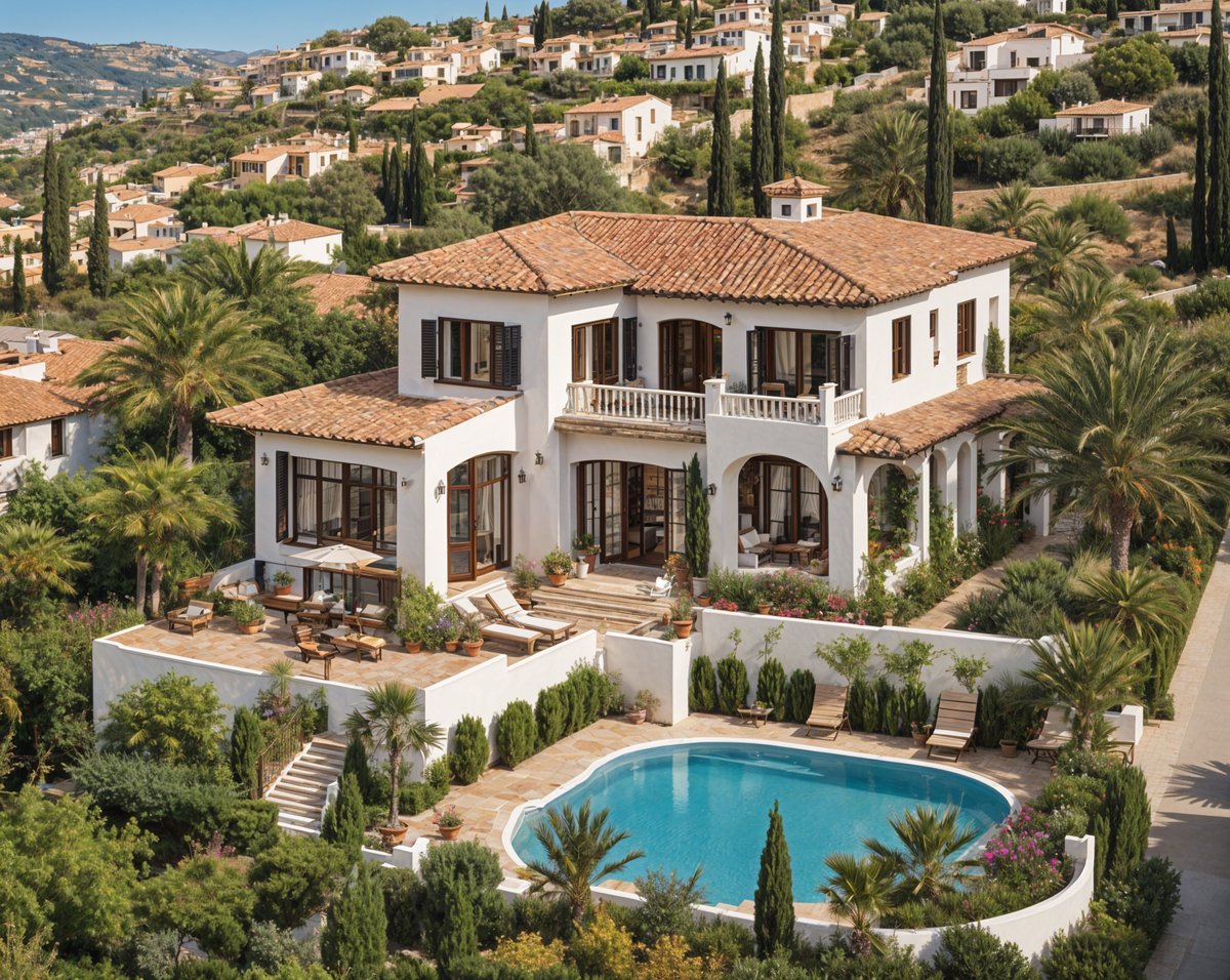 A large white Mediterranean house with a swimming pool and a beautiful garden. The house has a red tile roof and is surrounded by palm trees. The garden is well-maintained with a variety of plants and flowers, creating a serene and inviting atmosphere. The house is situated on a hill overlooking the surrounding area, providing a stunning view of the landscape.