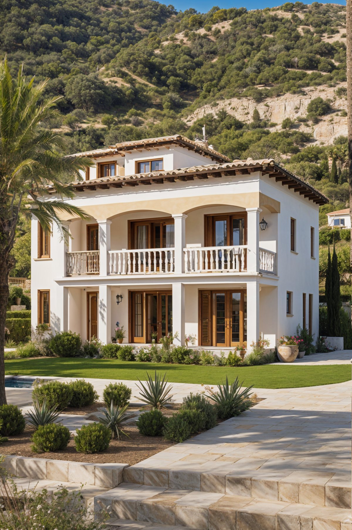 A large white Mediterranean house with a garden and a walkway leading to the front door. The house has a balcony and is surrounded by greenery and potted plants.