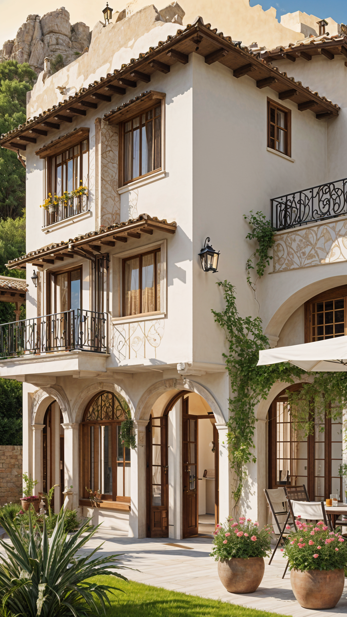 A large white Mediterranean house with a garden and balcony. A vine is growing up the side of the house and there is a chair on the balcony.