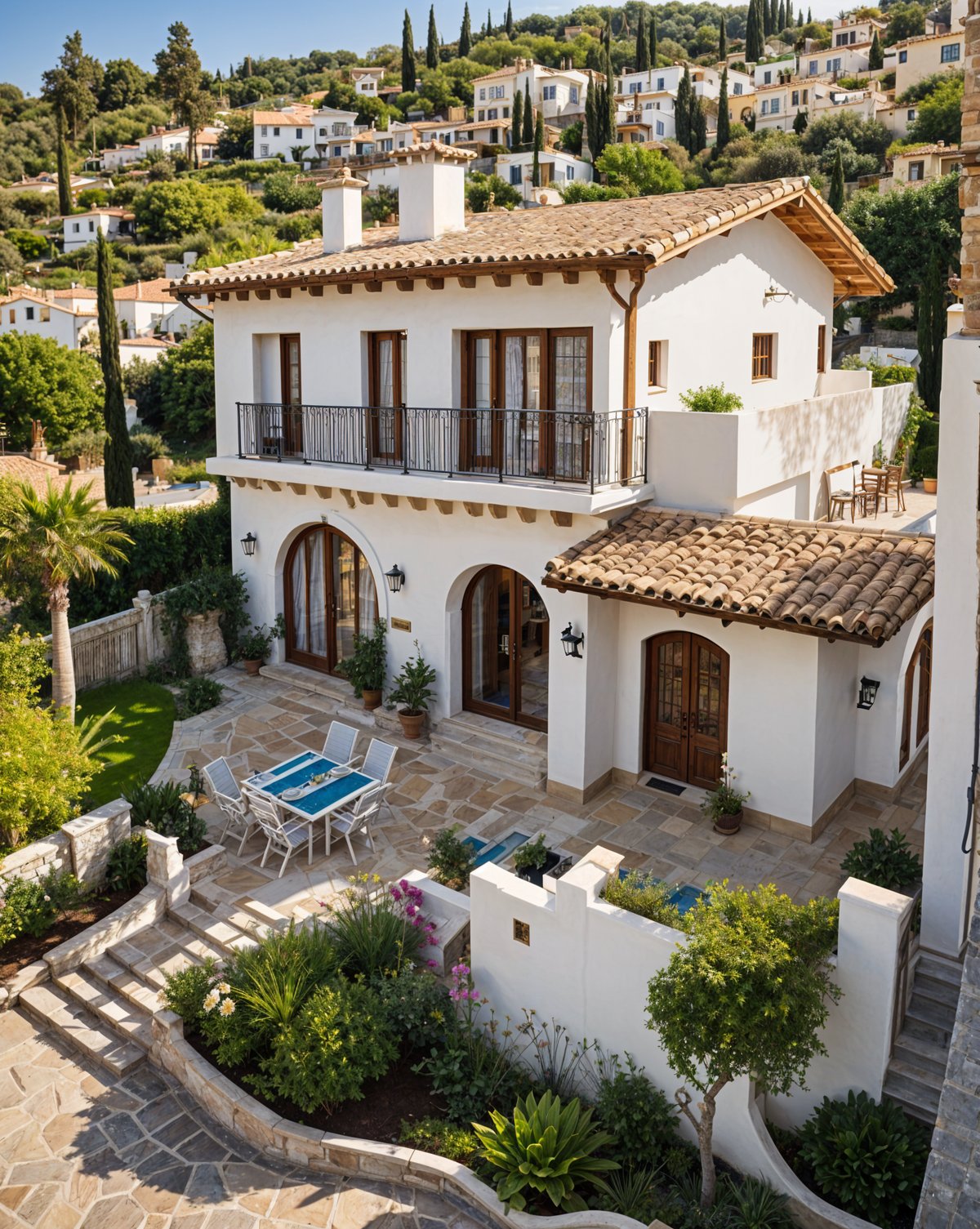 A large white Mediterranean house with a garden and patio area. The house has a red roof and is surrounded by greenery. The patio features a blue table and chairs, and a potted plant. The garden is well-maintained and adds to the overall beauty of the property.