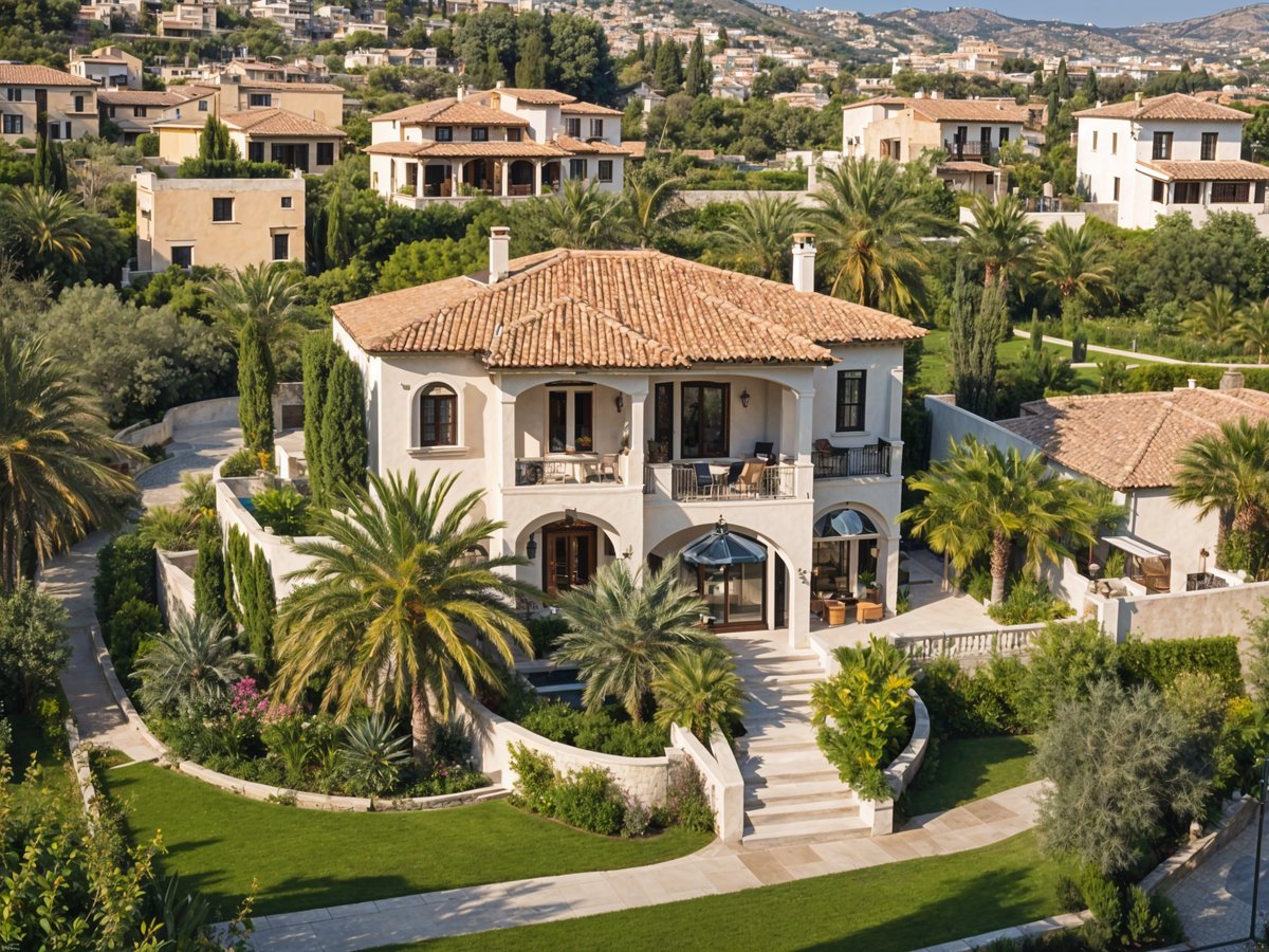 Mediterranean house with a lush garden and a large swimming pool.