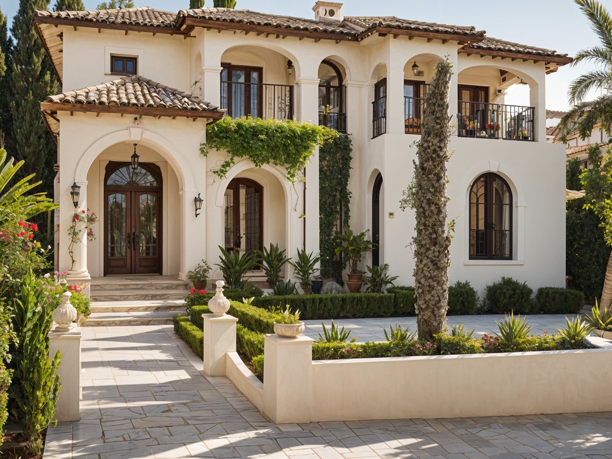 A Mediterranean style house with a garden in front. The garden is filled with greenery and potted plants, creating a serene and inviting atmosphere.