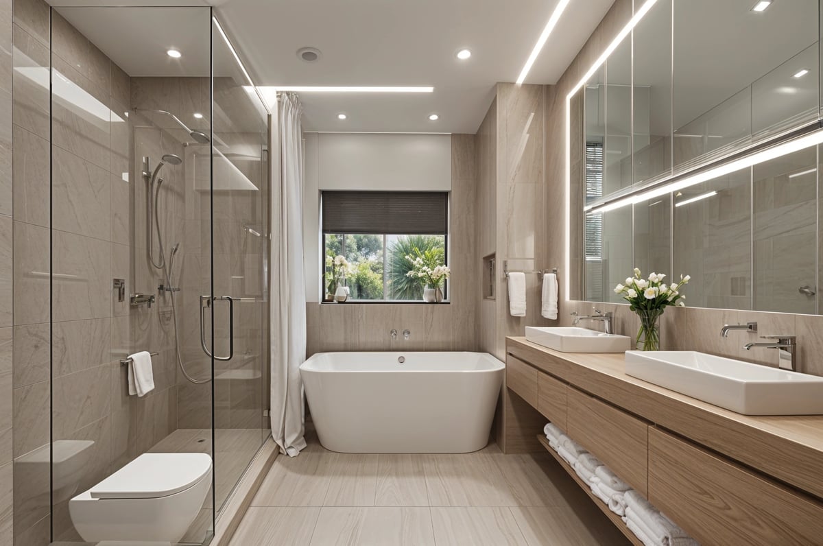 A modern bathroom with a white bathtub, toilet, and sink. The bathroom is well lit and features a large mirror. There are also potted plants and vases adding to the design.